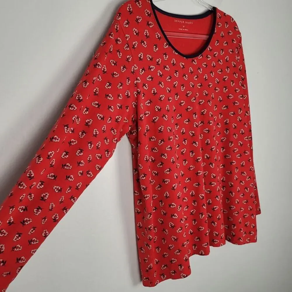 Draper James Size 1X Floral Long Sleeve Shirt Cotton Modal Stretch Red Navy - Picture 7 of 11
